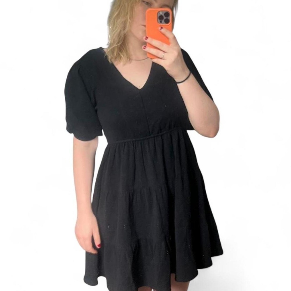 RDI Black Babydoll Dress Puffy Sleeves Cotton V-Neck Tiered Mini 53WD084S Mens M